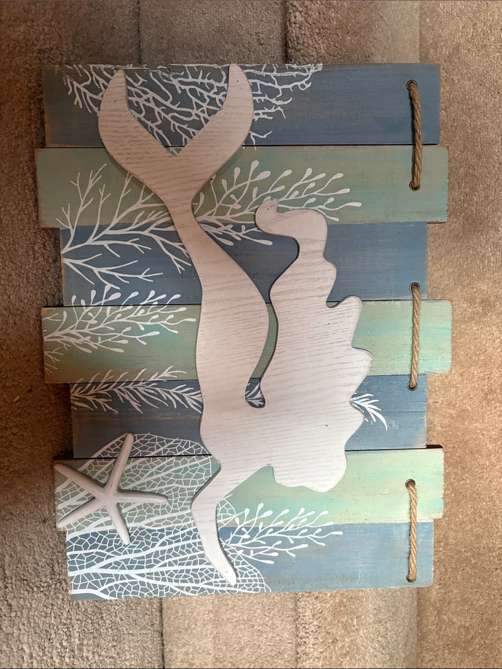 Coastal Mermaid Wooden Wall Plaque in White and Aqua with Hook
